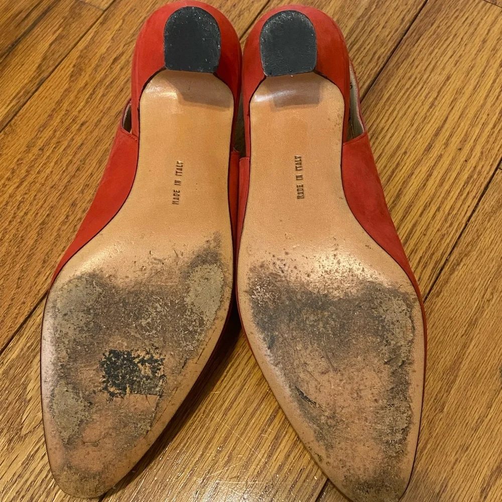 Women's Salvatore Ferragamo Double Strap Bow Red‎ Suede Heels Size 6.5